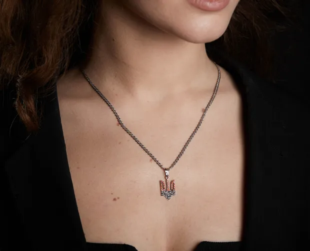 Срібна підвіска Тризуб  32094/4/черв/чорн